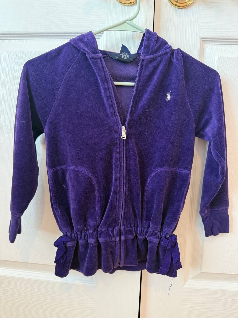 Ralph Lauren Kids Purple Velour Zip-Up Hoodie with Bow Trim